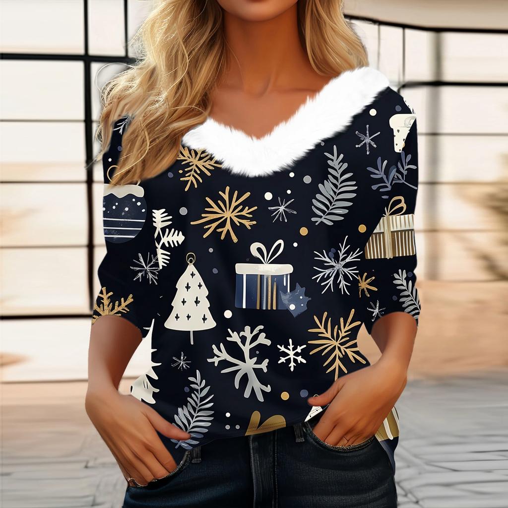 Женская футболка с рождественским принтом, флисовый воротник с рукавом три четверти и V-образным вырезом на рождественской вечеринке