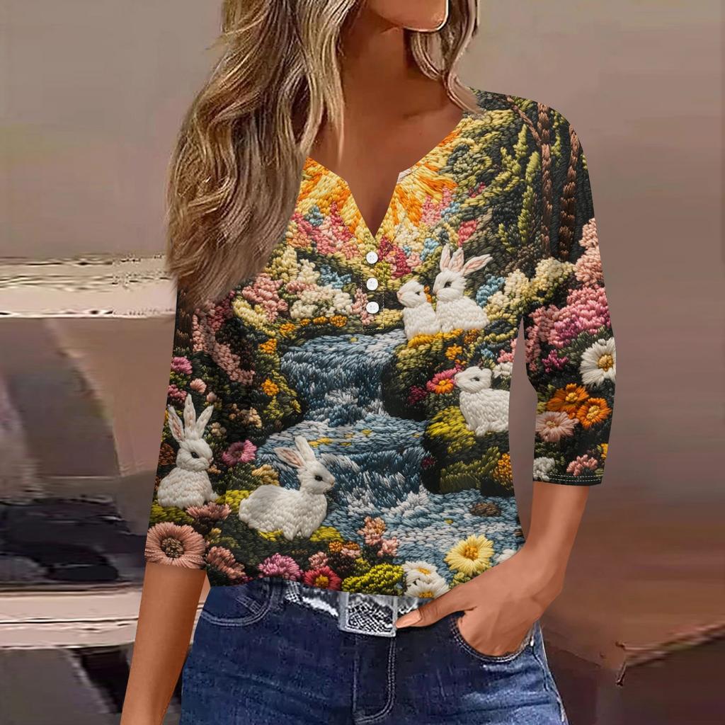 Жен. Футболка Футболка С принтом Пуговицы Рукав 3/4 Повседневные Выходные Мода Классический V-образный вырез Обычный Топ