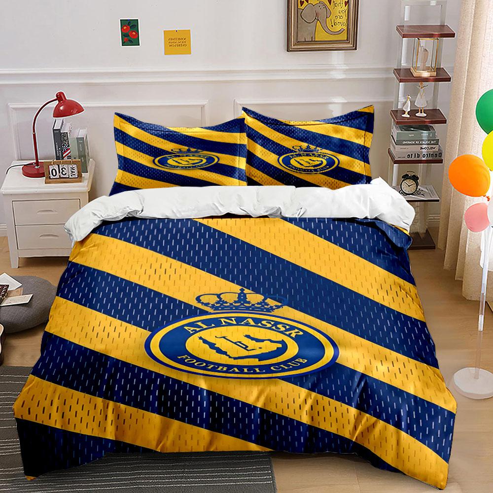 Yellow-blue stripes, Al-Nassr logo. Bedding sets Duvet cover sets Duvet covers Pillowcases(1*Duvet Cover 2*Pillowcases without duvet insert)