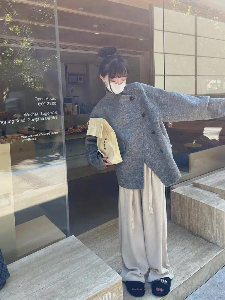 Женское серое шерстяное пальто средней длины - дизайн Dragon & Phoenix, свободный крой, корейский стиль, осень и зима 2024 г.