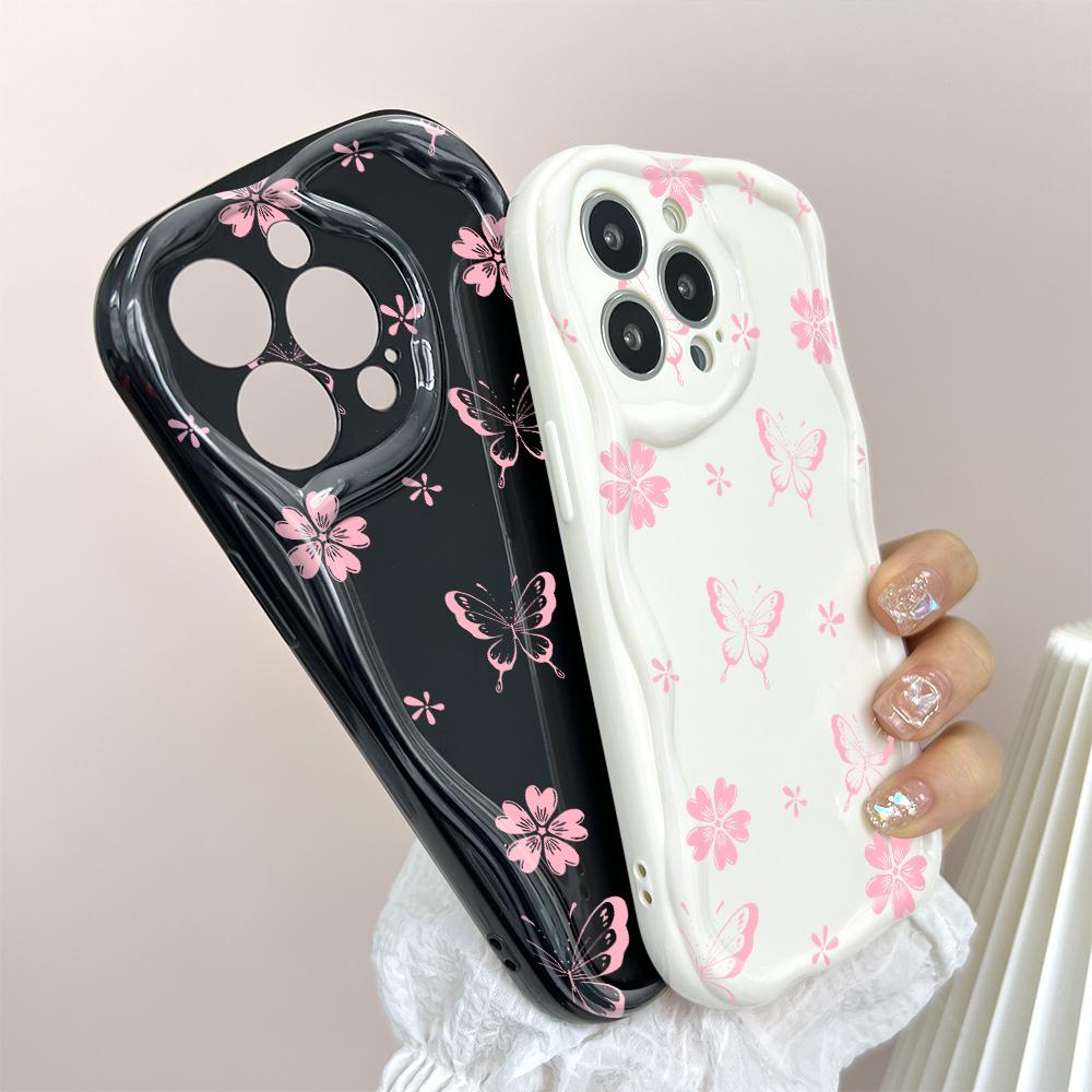 For iPhone 16 15 14 13 12 Samsung S24 S23 S22 A06 A13 A14 A15 A16 A55 Redmi Note 13 12 Cartoon Pink Butterfly Soft Wavy Edge Design Phone Casing