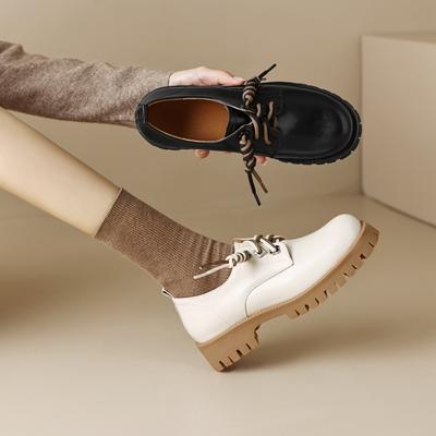 Модная женская новая весенне-осенняя обувь с круглым носком, толстой подошвой, средним каблуком, большой шнуровкой, оксфорды, повседневная рабочая обувь, одинарная обувь