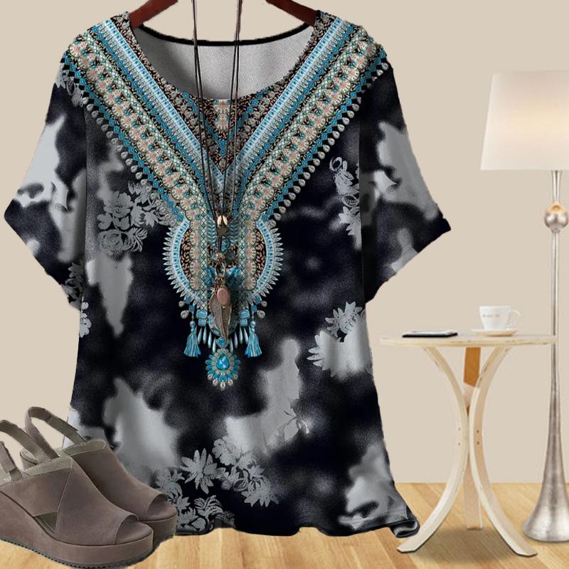 Женская повседневная свободная весенняя рубашка, женские топы с коротким рукавом в этническом стиле в стиле ретро с принтом
