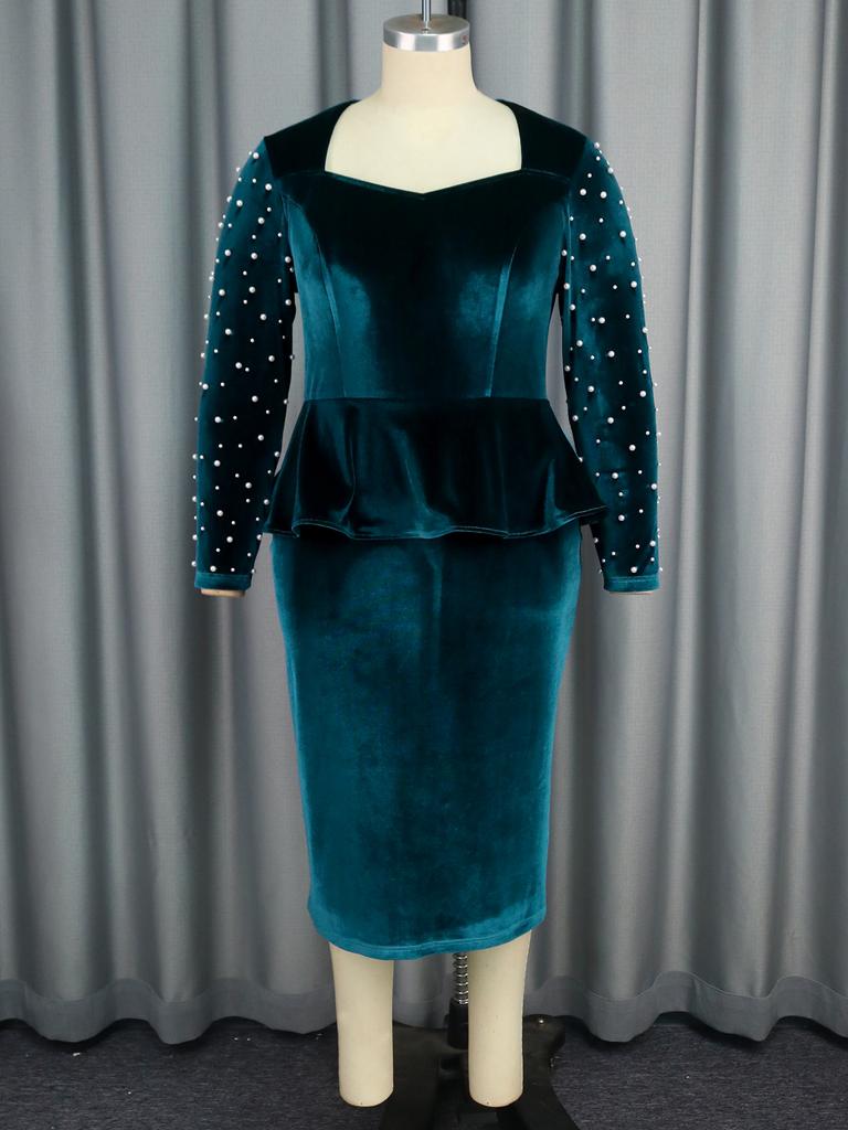 AOMEI Синие бархатные платья миди Sweetheart Ncek с длинными рукавами, украшенными бисером, с высокой талией, с баской, комплект нарядов для бедер