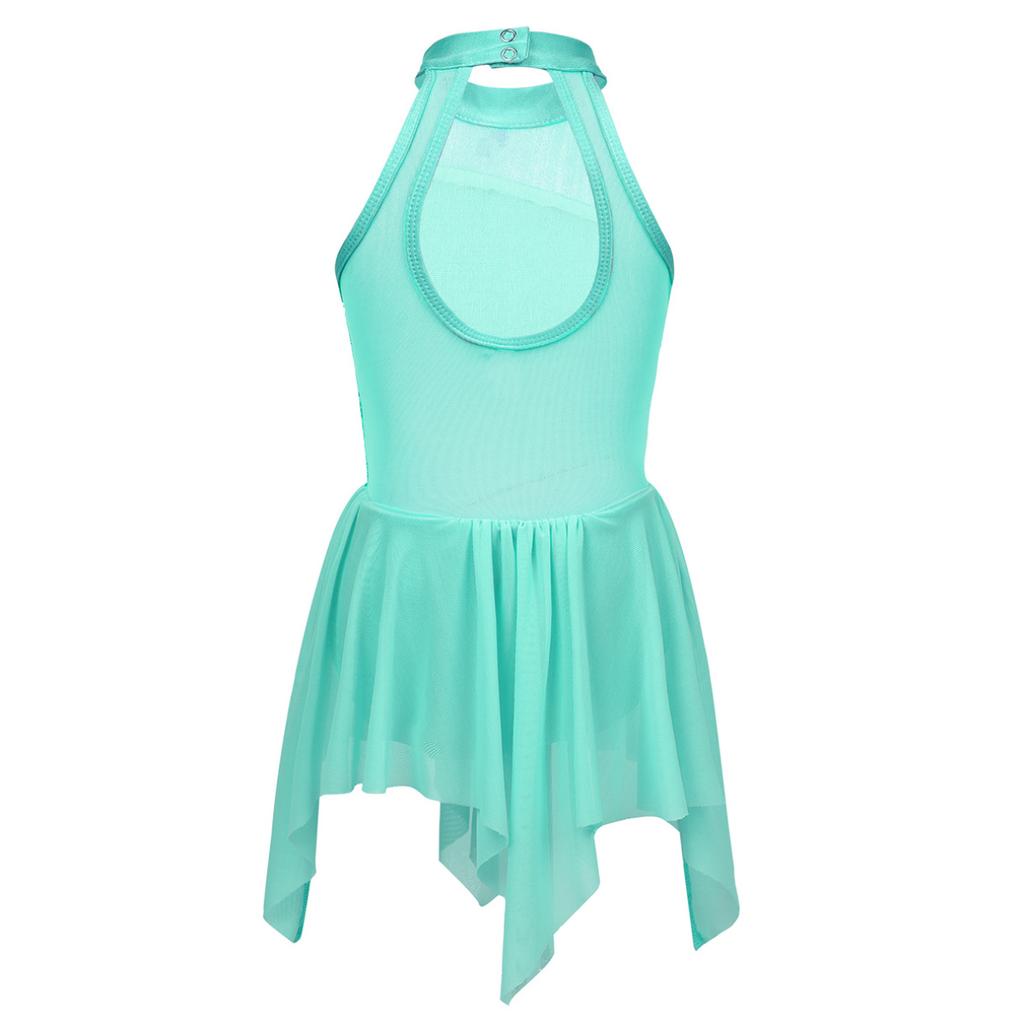 Kids Girls Sleeveless Shiny Sequins Asymmetrical Hem Ballerina Lyrical Modern Dance Leotard Dress