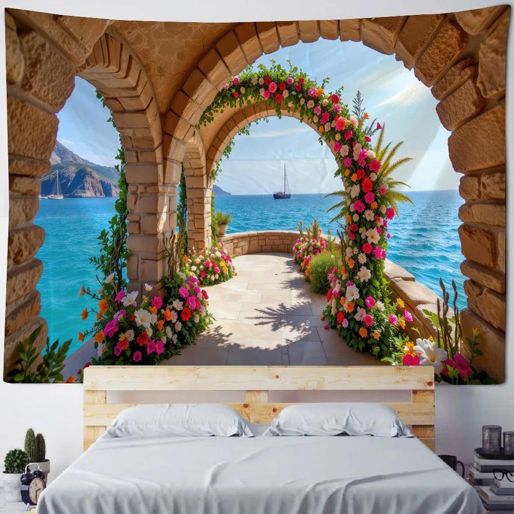 Seaside Terrace Landscape Tapestry Home Wall Hanging Polyester Printing Art Home Zen Flower Wall Natural Bohemian Style