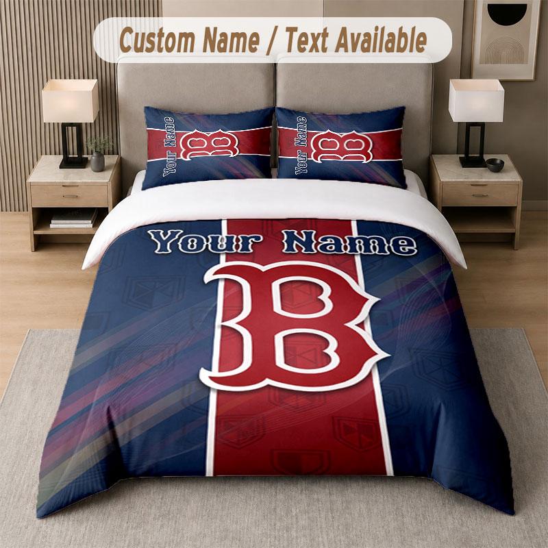 Custom Bedding Set Boston Red Sox Pattern, Print Name Text 1 Duvet Cover plus 2 Pillowcases Home Textile