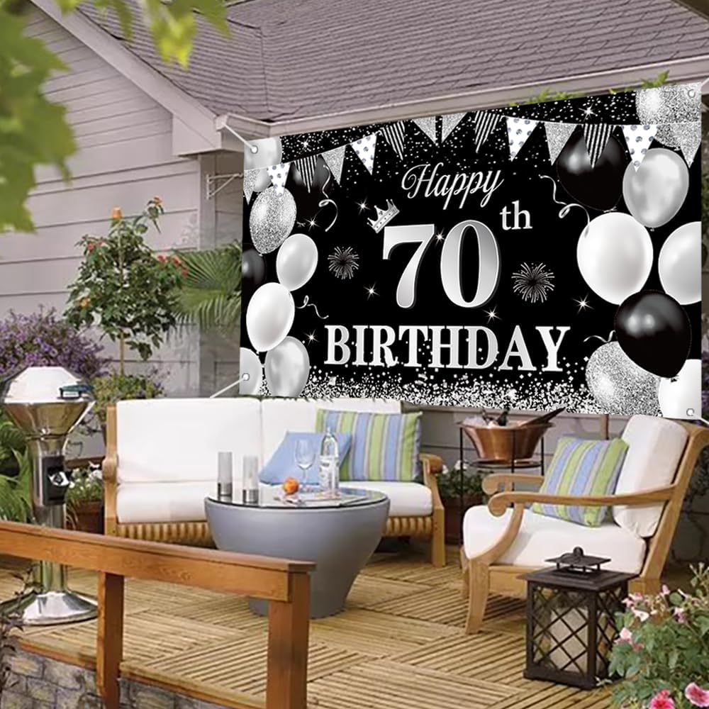 70 Birthday decoration for men and women 70 Happy Birthday Banner Large Black silver Birthday Background Banner 70 Week Commemorative Birthday Party