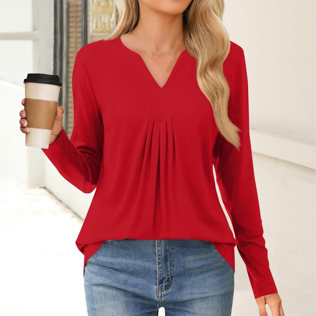 Женская мода повседневная рубашка с длинным рукавом, однотонные топы с V-образным вырезом