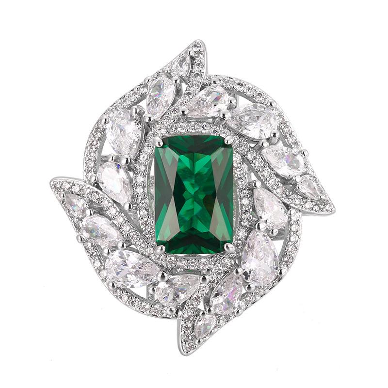 European and American style copper gold-plated jewelry rectangular ring female red blue green zircon light luxury high-end personality spot