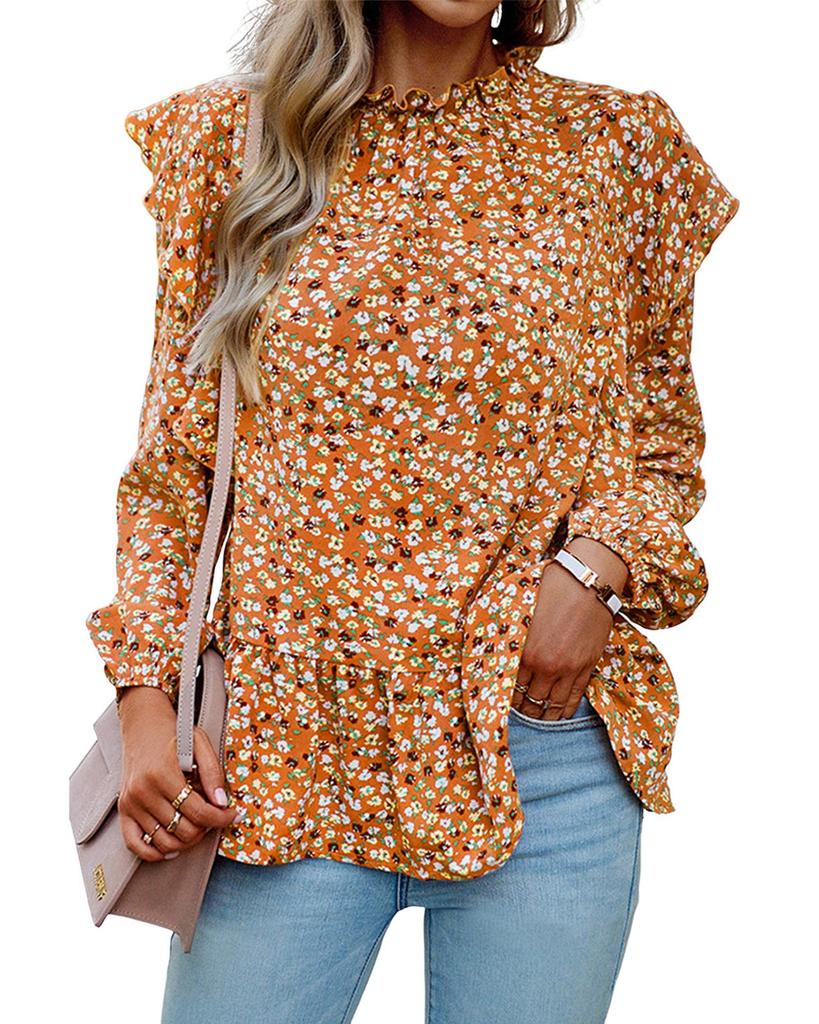 Azura Exchange Orange Ruffle Collar Long Sleeve Peplum Top