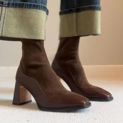 Французские винтажные комбинированные коричневые эластичные облегающие ботильоны женские с молнией сзади на высоком каблуке короткие ботильоны ботильоны-носки