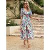 Waist Cinched V-neck Printed Long Skirt Dress Waist Hugging V-neck Print Long Dress
