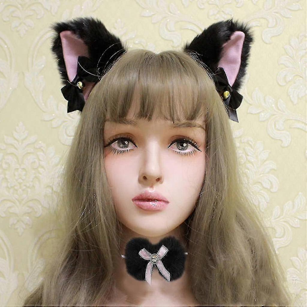 Cat Ears Headband Collar 2 Pcs With Jingle Bells Bows Lace Halloween Cosplay Costume Party Hairband (black)
