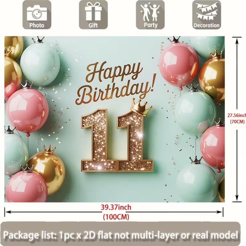 2D Happy 11th Birthday Backdrop Mint Green Pink Gold Balloon Party Background