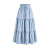 Women Maxi Skirt Elastic Waist Adjustable Drawstring Ruffle Stitching Ankle Length Skirt Solid Color A-Line Breathable Long Skirt