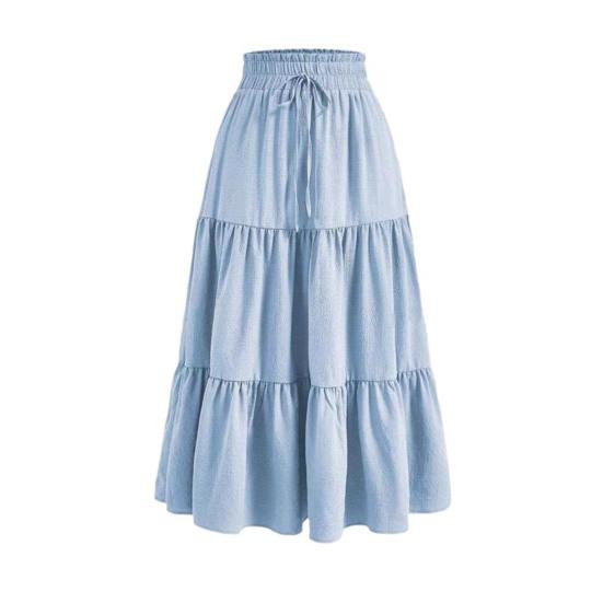 Women Maxi Skirt Elastic Waist Adjustable Drawstring Ruffle Stitching Ankle Length Skirt Solid Color A-Line Breathable Long Skirt