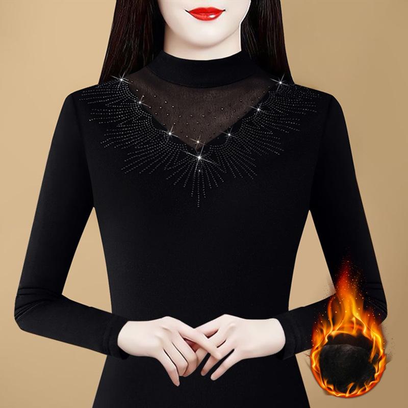 Новая весенняя стильная полуводолазка плюс утолщенная бархатная рубашка-основа, модная футболка с длинными рукавами Iron Diamond, эластичный женский пуловер