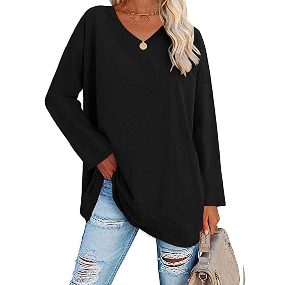 Spring and Autumn Ladies Blouse Long Sleeve Multicolor Loose Drop Shoulder Sleeve V-neck Solid Color Female Tops