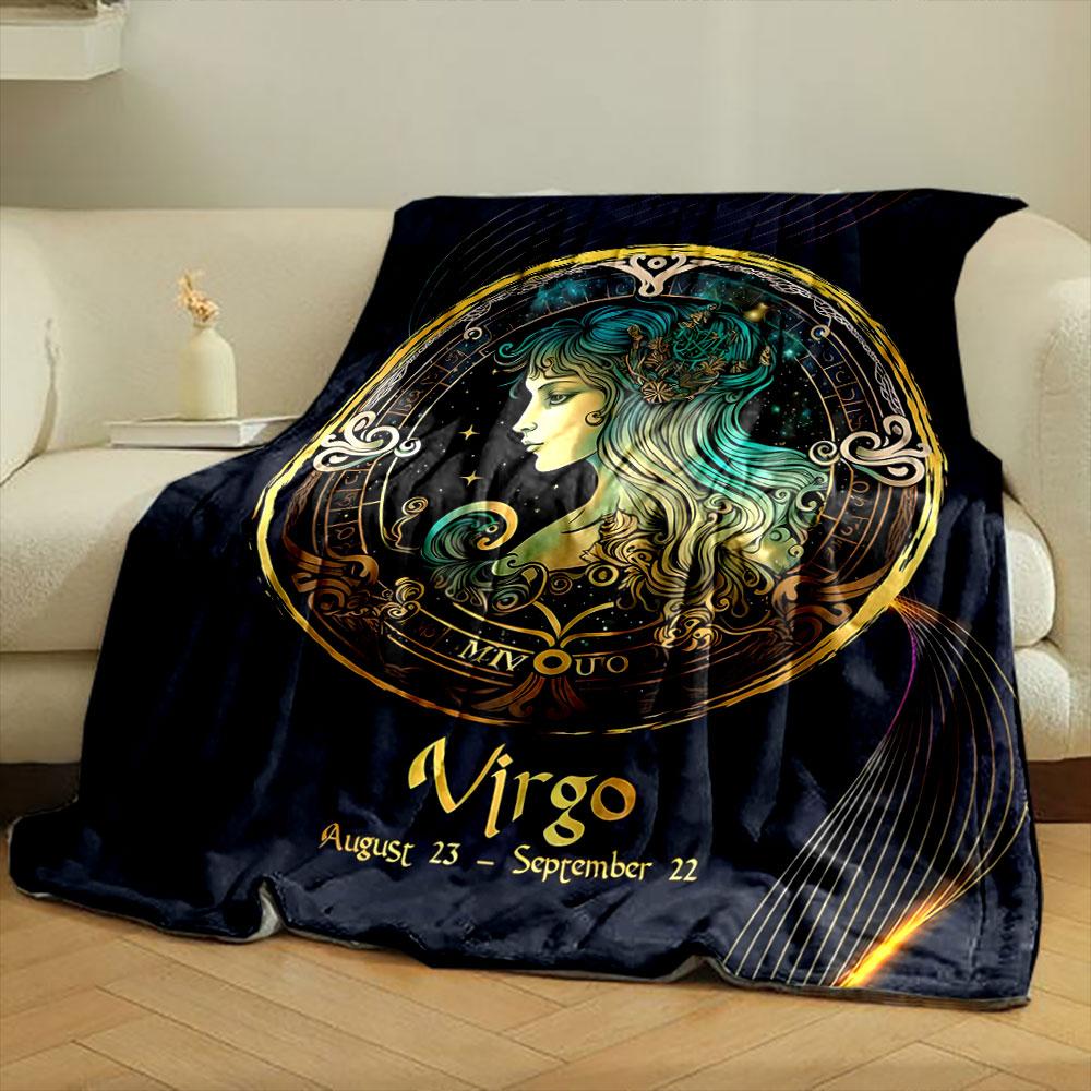Golden ornamental circle with Virgo-themed celestial and floral designs. for all seasons blanket lunch break throw gift