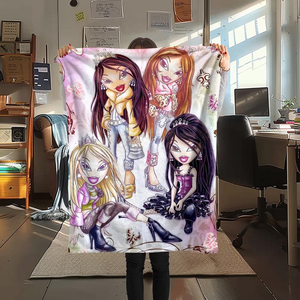 1 шт. Фланелевое одеяло с принтом Bratz, Высококачественное, Для всех сезонов, Декор для дома, Тепло и уют, Идеально для рождественских подарков