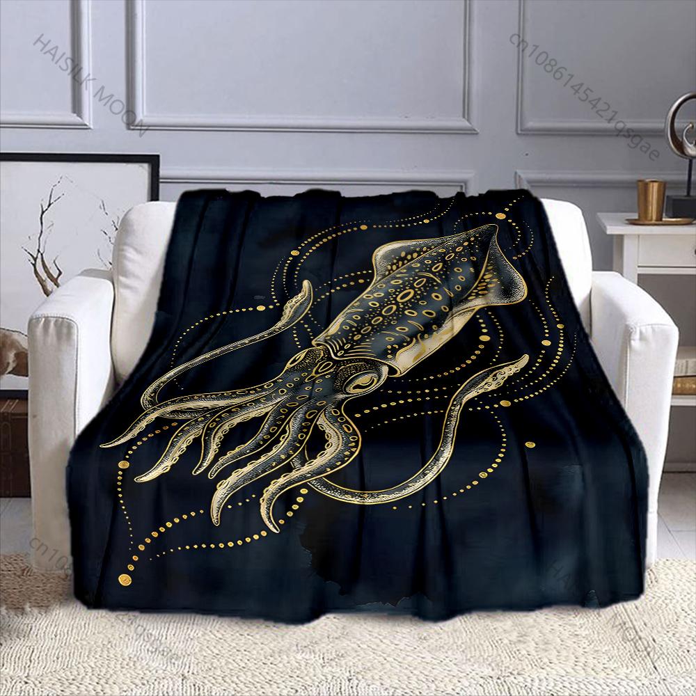 Multiple sizes Golden squid illustration Print Blanket Warm Soft Suitable for All Seasons for Home Sofa Travel Camping Picnics