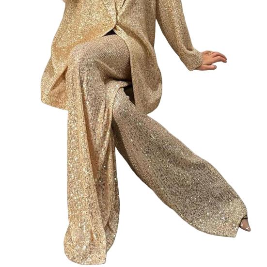 Женская рубашка с пайетками, брюки, лацкан, V-образный вырез, мешковатая, с длинным рукавом, средняя длина