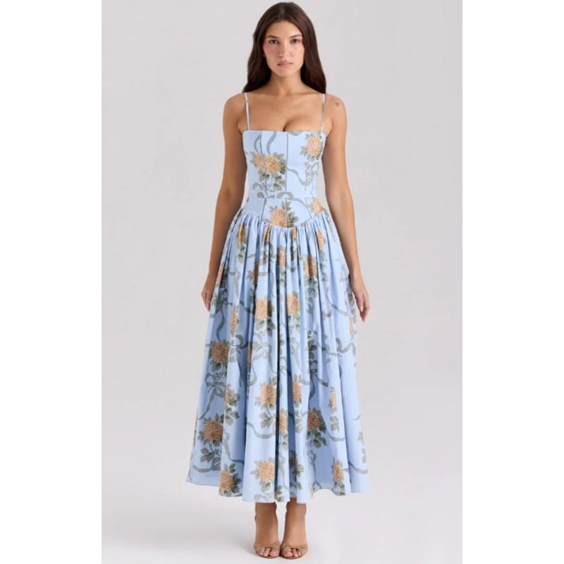 Elegant Gentle Floral Slip Dress Slim Fit A-Line V-Neck Long Women