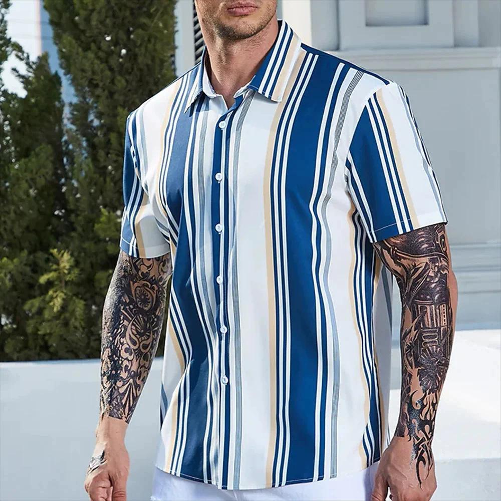 Summer Casual Mens Striped Short Sleeve Shirt Hawaiian Style