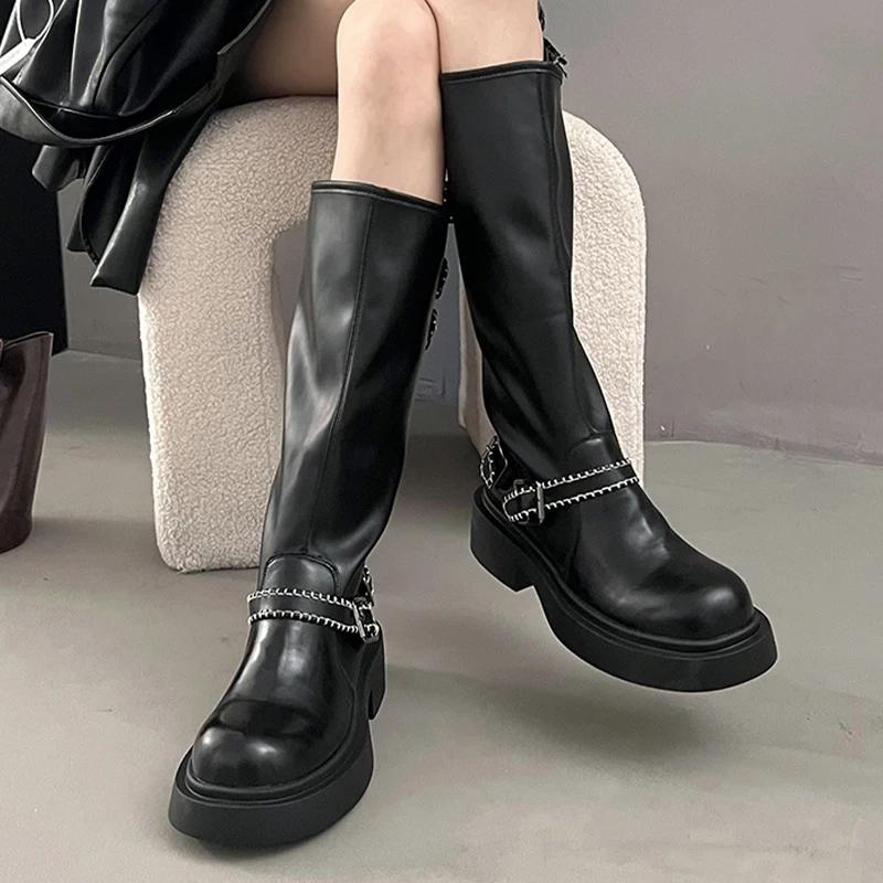 Модные женские сапоги на платформе, высокие кожаные туфли до колена, женские туфли на плоской подошве, тренд 2025 года, дизайнерская мода, зимние новые зимние мотоциклетные сапоги Mujer