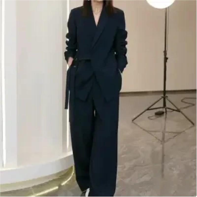 Женский весенне-осенний костюм для деловых поездок Блейзер + Брюки широкого кроя Повседневный профессиональный комплект из двух предметов