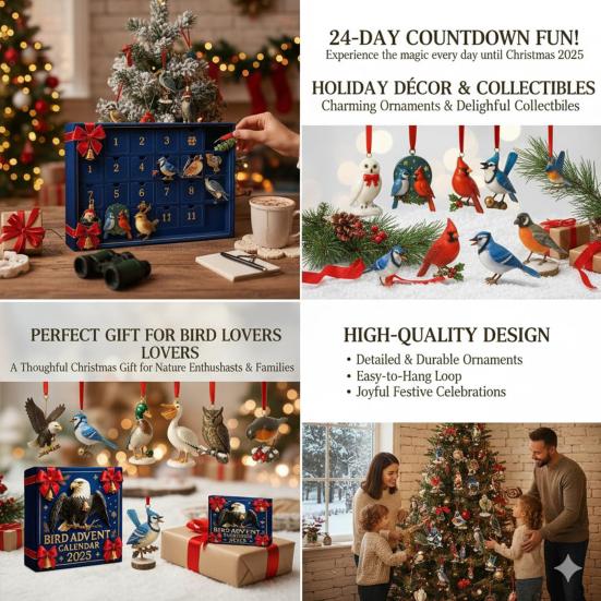 Календарь Адвента «Птицы» на 2025 год 24 дня Реалистичные акриловые птицы Рождественский декор для обратного отсчета Подарок для наблюдателей за птицами и любителей природы