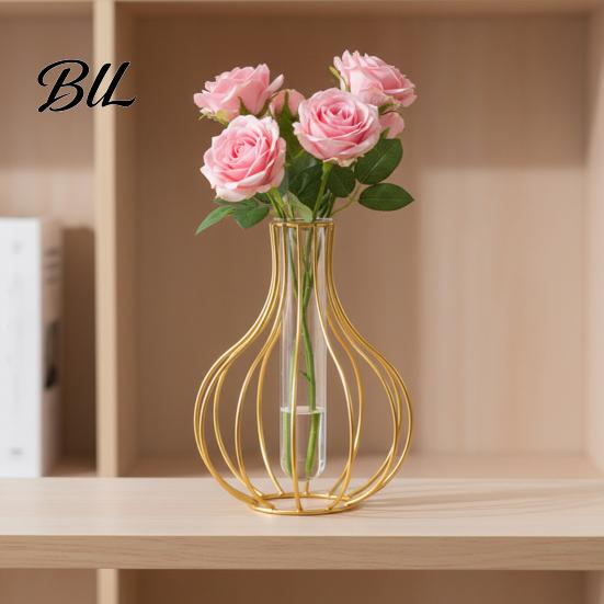 Narrow Mouth Flower Vase Decorative Glass with Metal Wire Stand Clear Test Tube Iron Desktop Art Frame for Hydroponic Plant Modern Container
