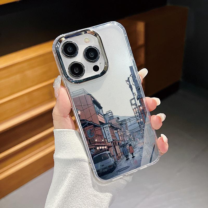 Мягкий чехол из ТПУ с принтом сцен из мультфильмов для iPhone 17 16 Pro Max 15 Plus 14 13 Pro 12 11 16e 17e, прозрачный противоударный чехол для телефона с рамкой для объектива с покрытием