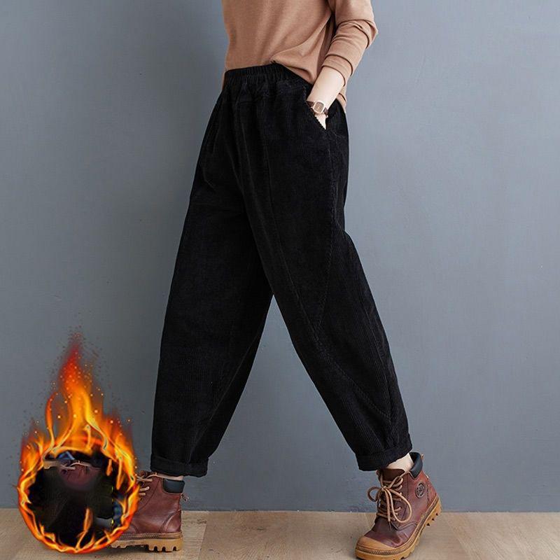 Women Thickened Fleece-Lined Corduroy Purple Harem Trousers For Middle-Aged Women Winter Style Mom's Peony Pants