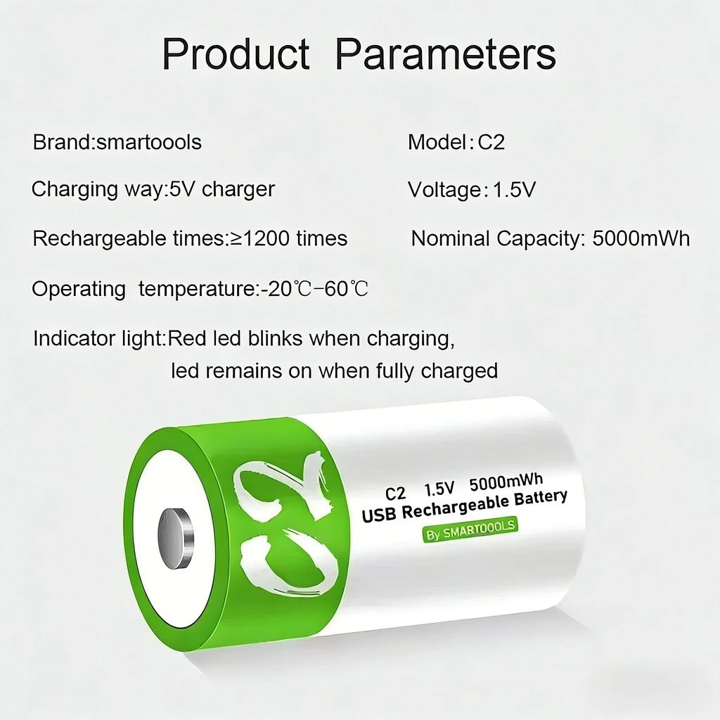 1.5V 5000mWh C Size LR14/LR20 12000mWh D Size Li-po Rechargeable Battery Type-C Ultra-Fast Charging for Flashlight Gas Cooker