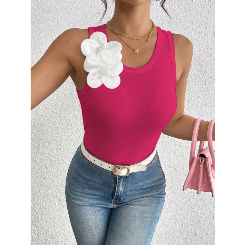 Women European Style 3d Flower Decoration Solid Sleeveless Crop Tank Top