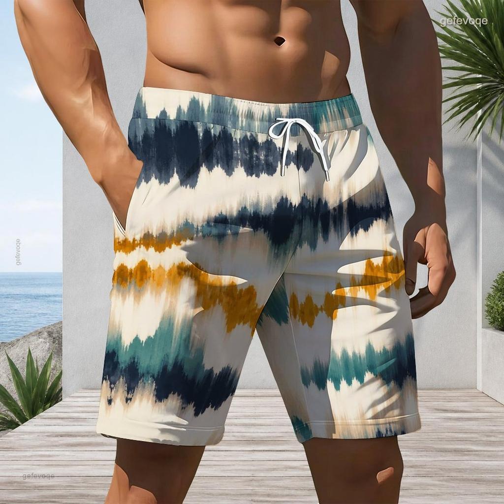 Men Plus Size Tie Dye Striped Beach Shorts Quick Dry Swim Trunks Drawstring Casual Shorts For Summer Beach Swimming Surfing
