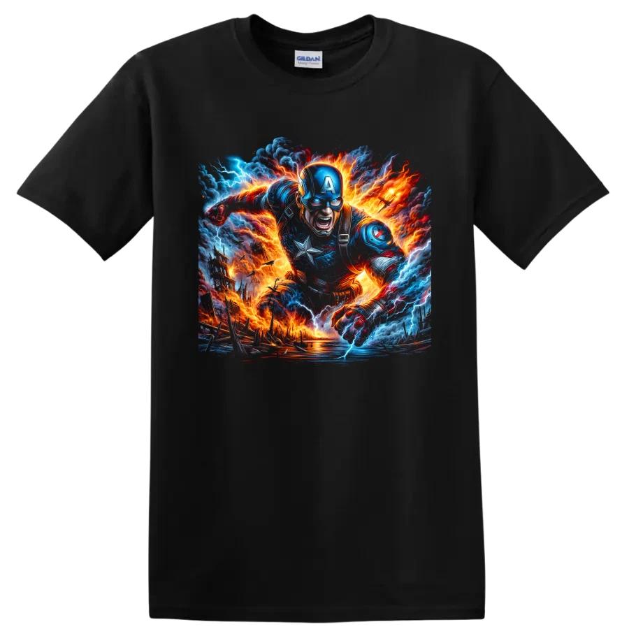 Captain America Superhero T Shirt w/ Lightning Fire Battle Art Graphic Bold Tee