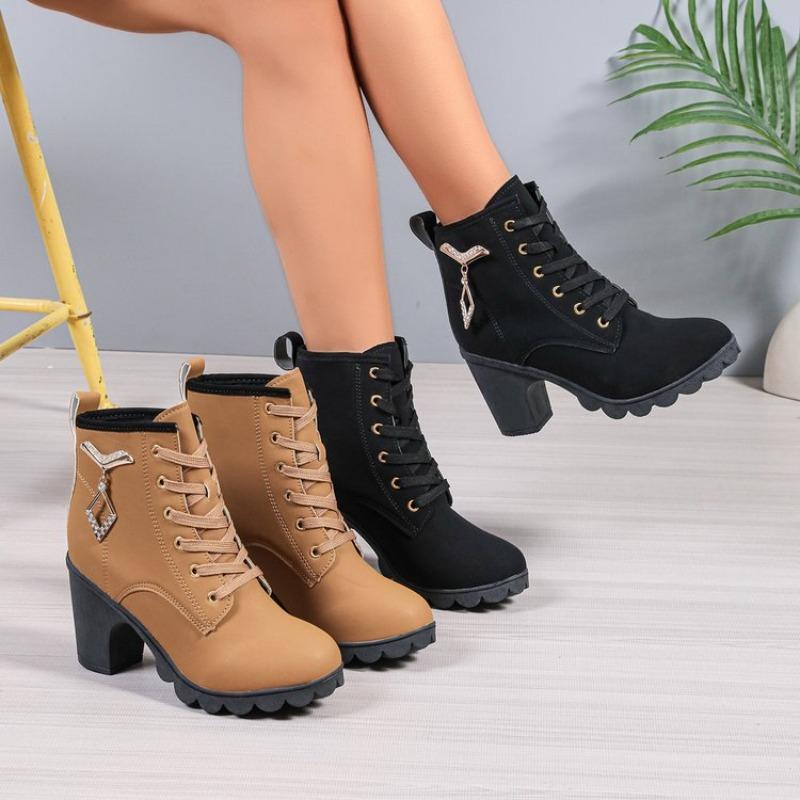 Fashion Fall New Block Heel Single Boots Women's Fashion Round Toe Metal Buckle Front Lace-Up Platform Non-Slip Short Boots