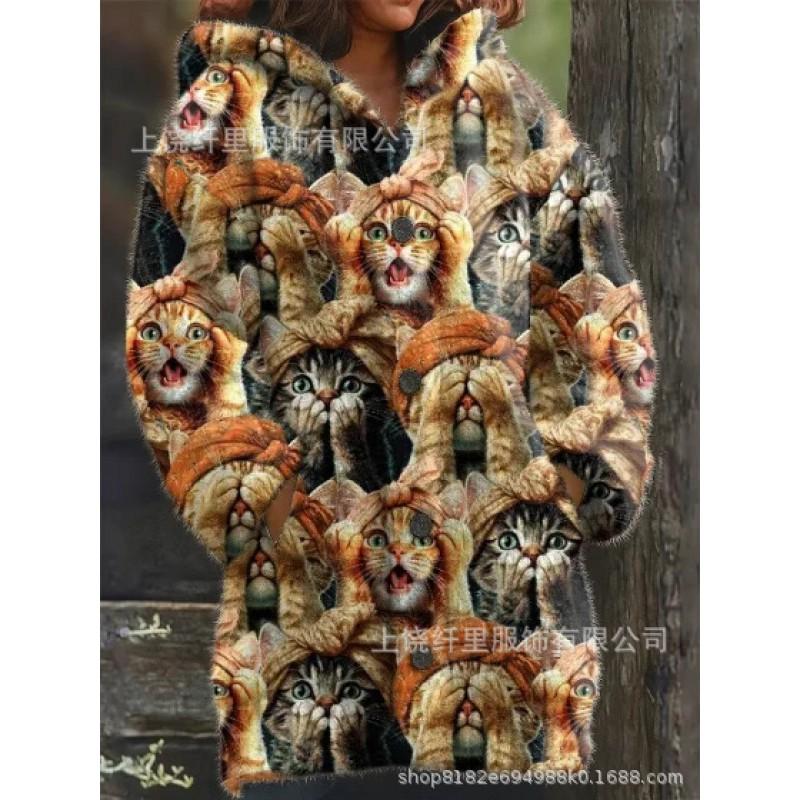 3D Cat Print Hooded Sweatshirt Cardigan Casual Jacket Women