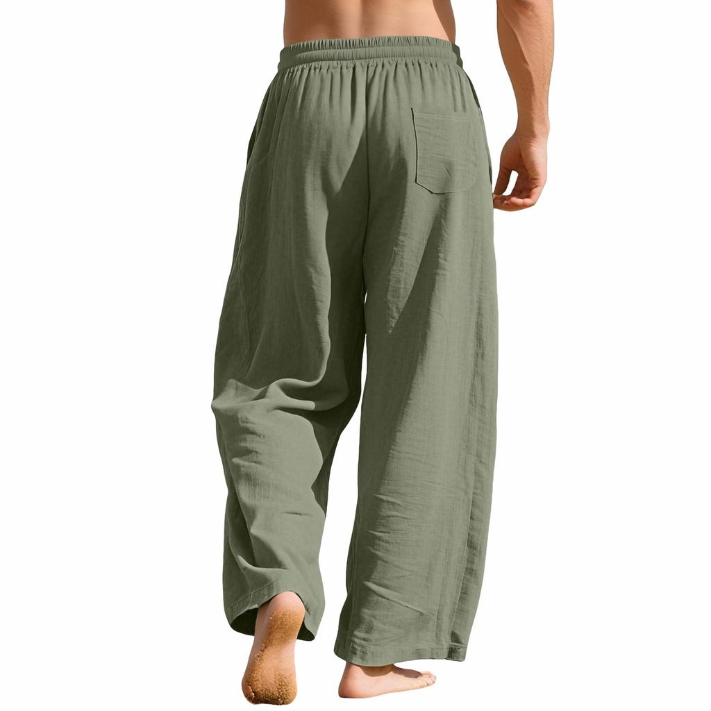 Men's Linen Loose-fitting Casual Sports Pants With Pockets And Drawstring, Solid Color