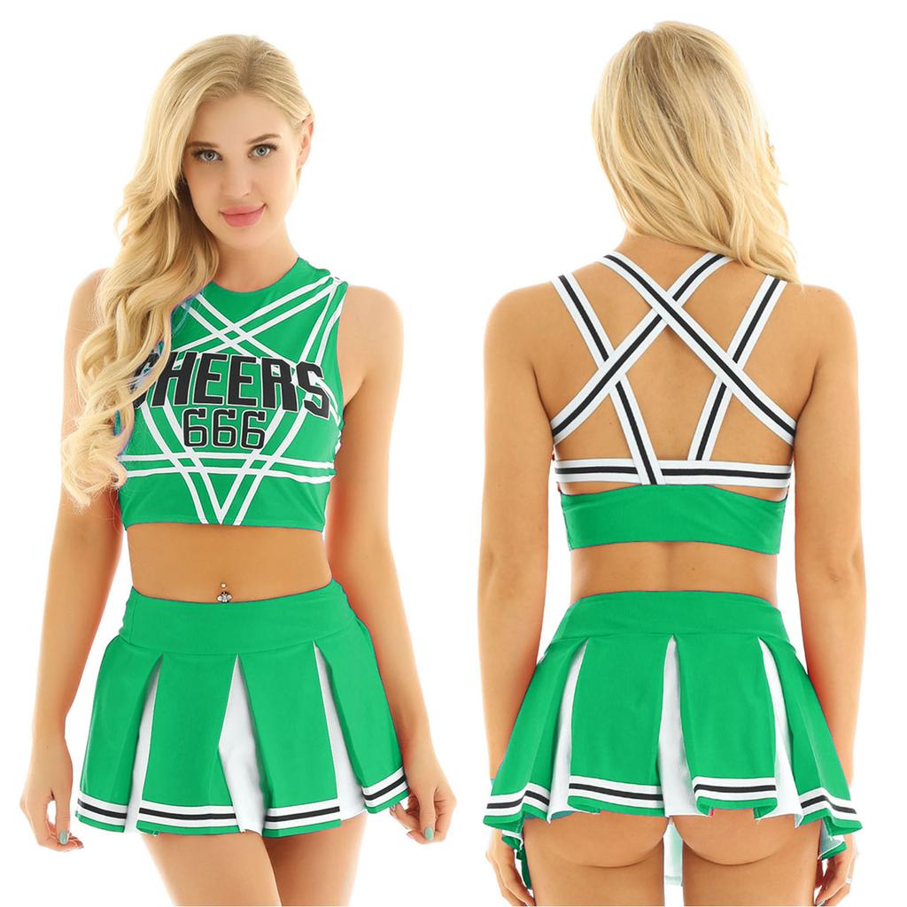 Women Cosplay Uniform Sleeveless Crop Top with Mini Pleated Skirt Cheerleader Costume Set