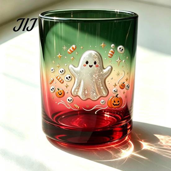 Cute Ghost Drinking Glasses Halloween Glass Cup, Colorful Gradient Aesthetic Tumbler with Whiskey Juice Soda Pumpkin Skull Print, Spooky Party