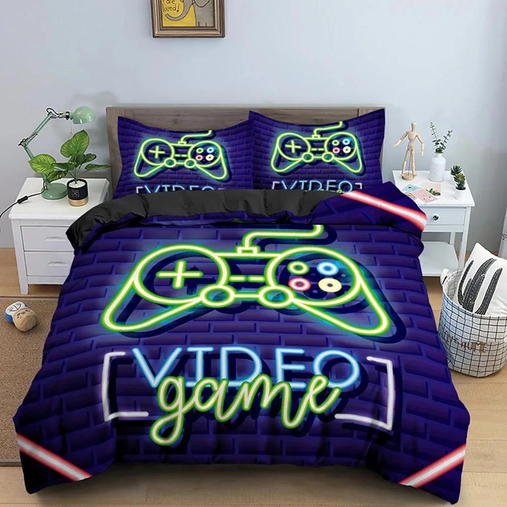 Gaming Gamepad Video Game Neon Comfortable Duvet Quilt Cover Pillowcase Bedding Set Children Bedroom Decoration Home Textile