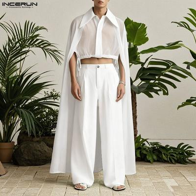 Мужские комплекты Рубашки-кейпы из прозрачной сетки с эффектом двухслойности и длинные брюки Повседневные костюмы 2 шт.