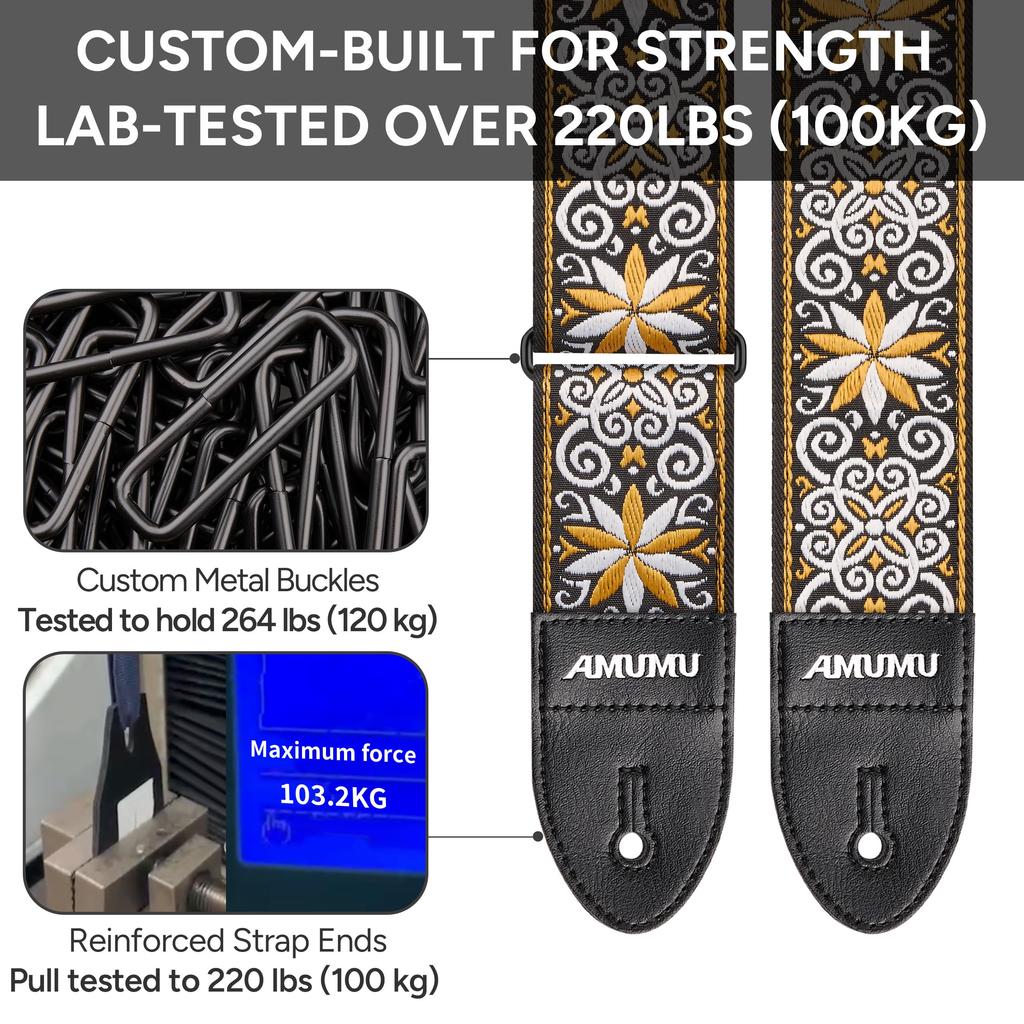 5cm Wide Yellow Hootenanny Embroidered Guitar Strap Premium Leather Ends Compatible with Bass and Mandolins [Amumu] - - Acoustic, Electric, Guitars,