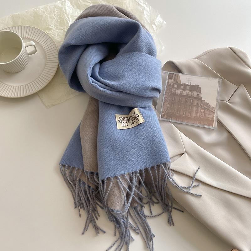 Thickened Double-Sided Fringed Scarf Pure Color Cashmere-Style Women'S Fashionable Student Two-Purpose Shawl Autumn Winter Korea