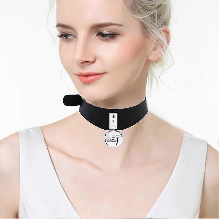 Punk Hauling Chain PU Leather Collar Bell Choker Gothic Necklace Adjustable Size Black