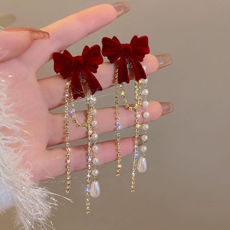 Рождественские флокированные серьги-подвески с бантом для женщин и девочек, годовые украшения, аксессуары для ушей